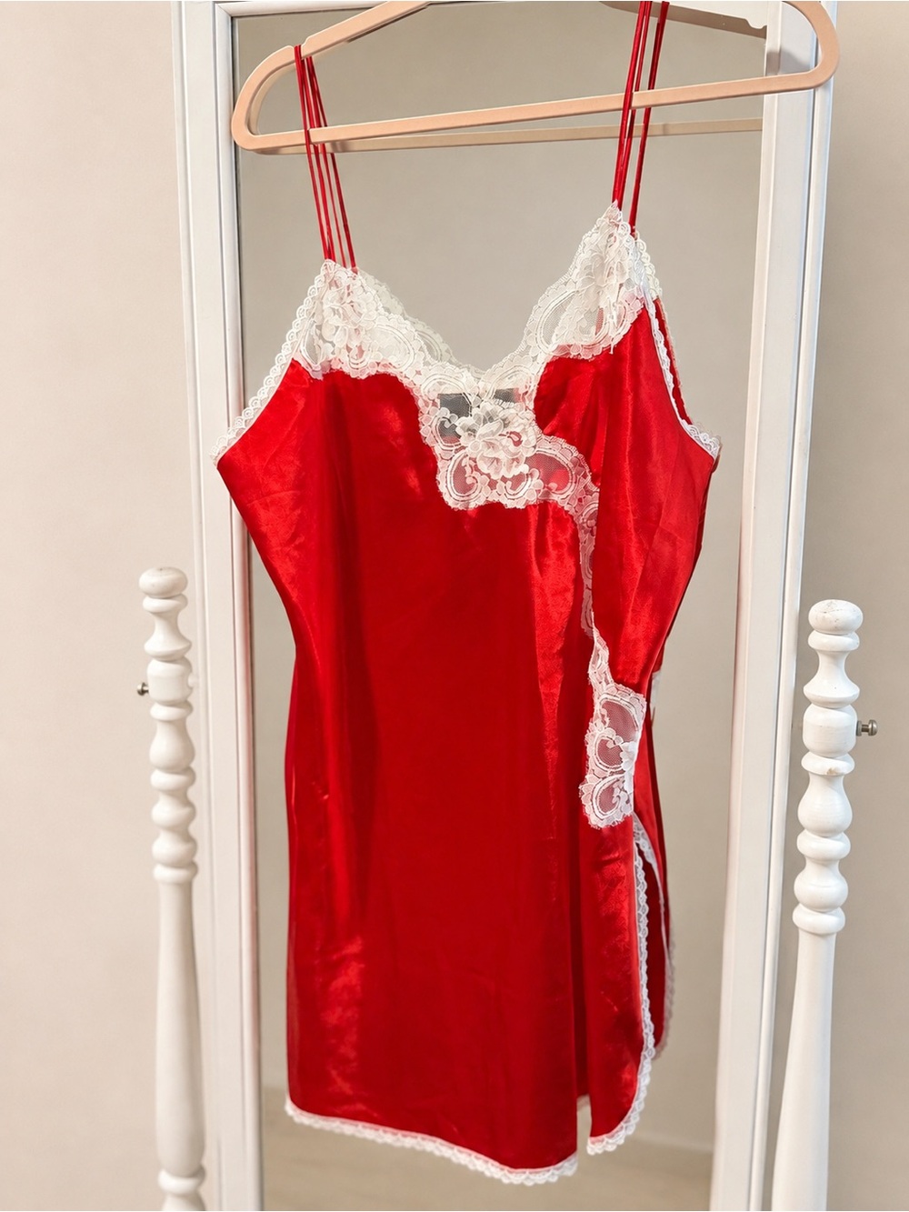 Vintage Undercover Wear Red Satin Lace Slip Nightgown Size Large